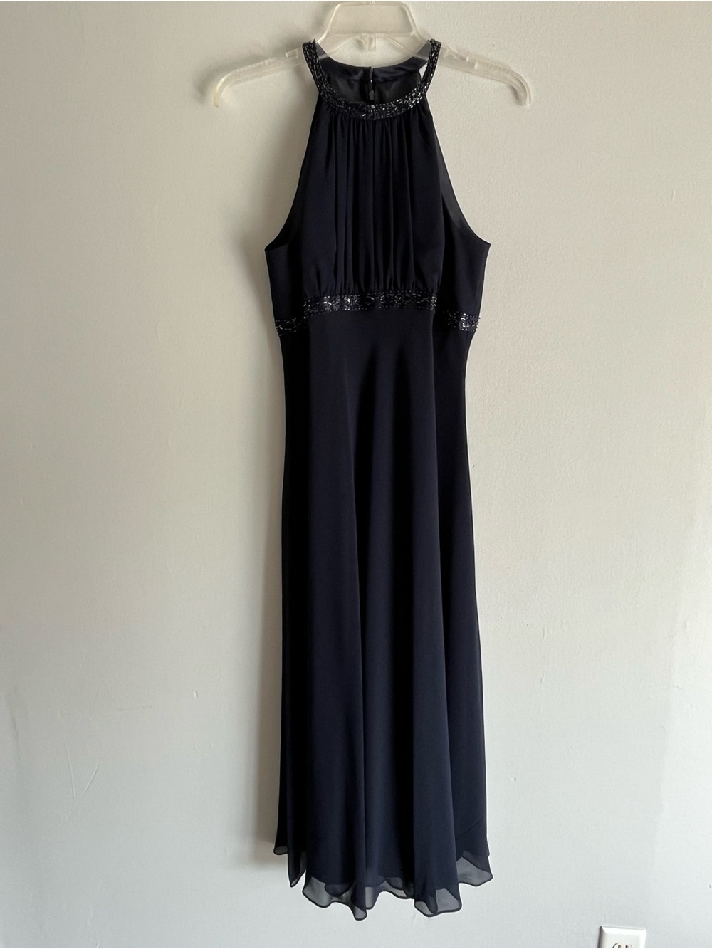 Elegant Navy Halter Maxi Dress with Beaded Neckline